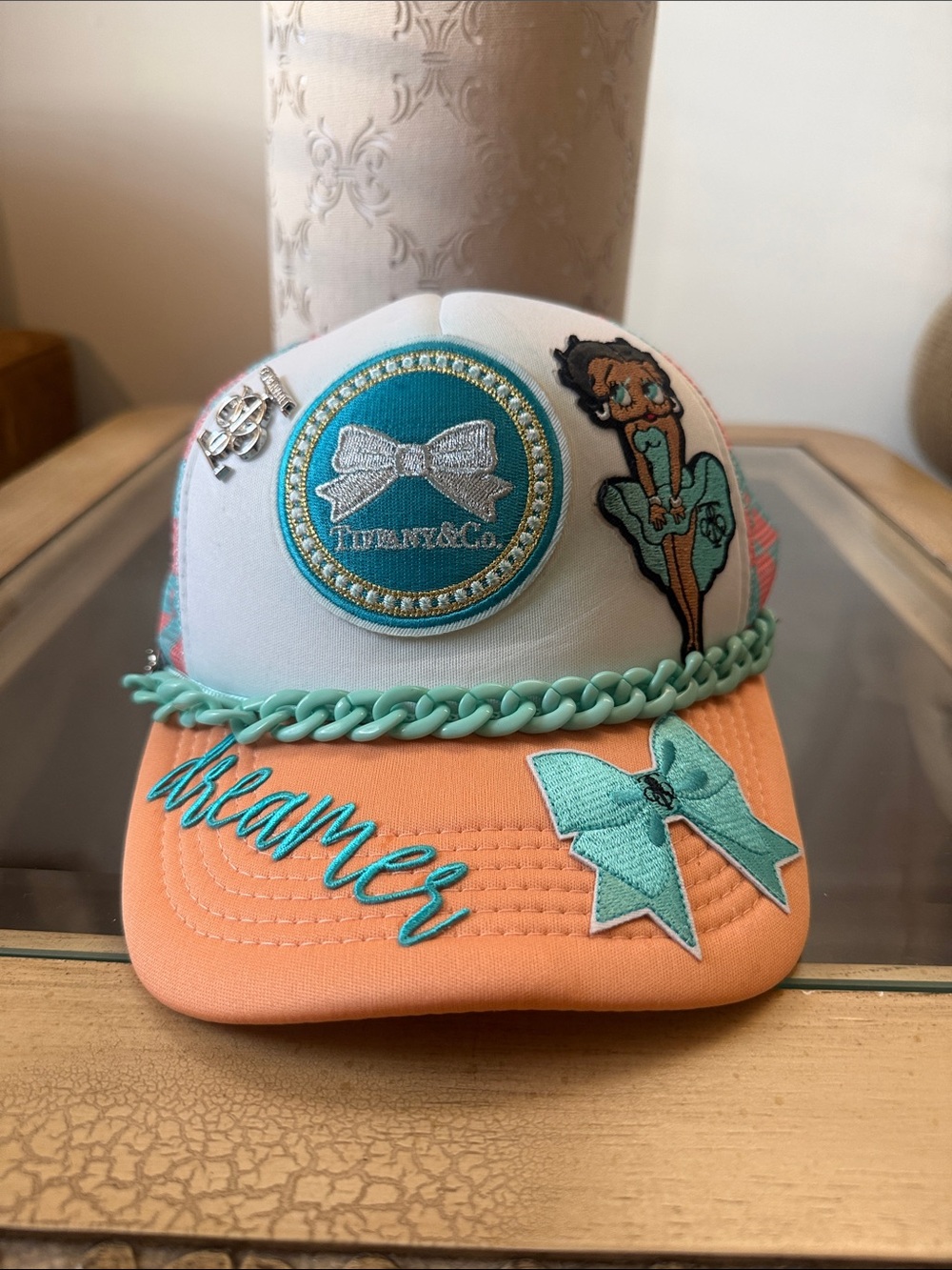 Women Trucker Cap in Teal and Peach